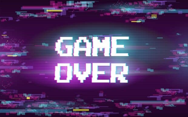 A glitch effect with the words Game Over displayed in pixel art style, 2K Desktop Wallpaper