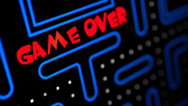 The game over neon sign glows red on a blue maze background, HD Desktop Wallpaper