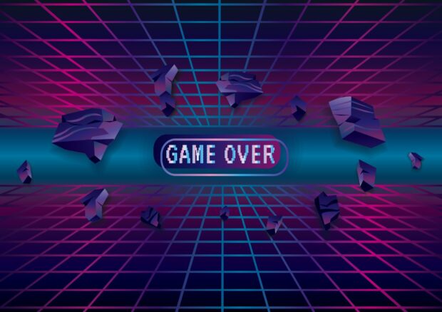 A game over neon sign is displayed with floating dark purple shapes on a grid background, HD Desktop Wallpaper