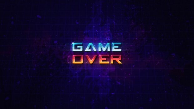 The image features a vivid game over neon text with a dark futuristic grid background, 2K Desktop Wallpaper