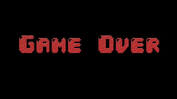 The image shows  Game Over  text in red pixel art style on a black background, 4K Desktop Wallpaper