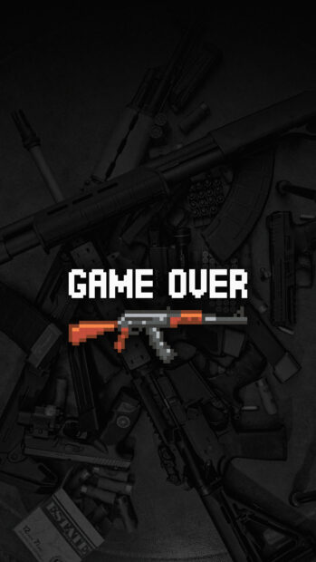 The image shows a pixel art rifle and the phrase game over over a collection of various weapons, 4K Phone Wallpaper