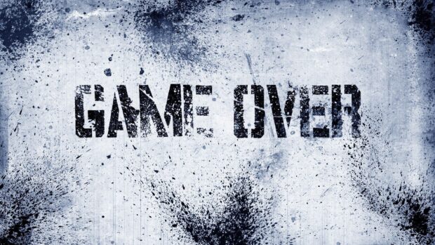 The image shows game over text with a grunge effect on a gray background, HD Desktop Wallpaper