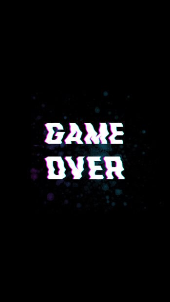 The image shows a game over text with glitch style on a dark background, 4K Mobile Wallpaper