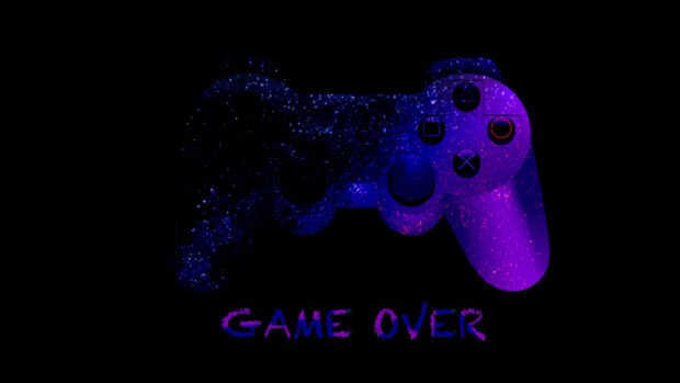 The image shows a glowing purple gaming controller with game over text beneath it, 4K Desktop Wallpaper
