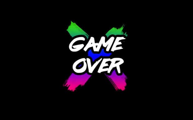 The Game Over wallpapers depict a vivid X shape with green, blue, and pink strokes behind bold white text, 2K Desktop Wallpaper