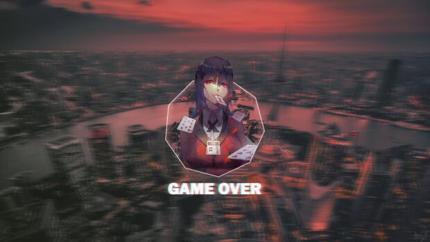 A girl with dark hair holding playing cards and text Game Over over a futuristic city at dusk, 4K Desktop Wallpaper