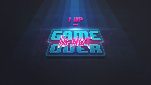 Neon styled  Game is Not Over  text with 1 UP displayed in a dark background, 2K Desktop Wallpaper