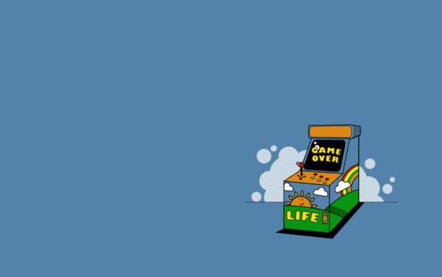 A colorful arcade machine shows game over with a life theme and rainbow, HD Desktop Wallpaper