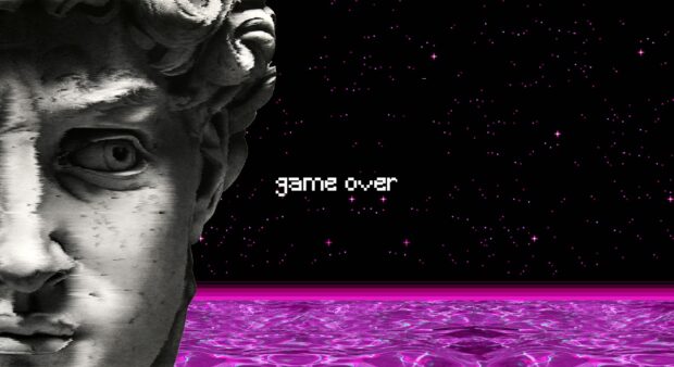 The game over text is displayed over a purple neon sea with a stone statue face on the side, HD Desktop Wallpaper