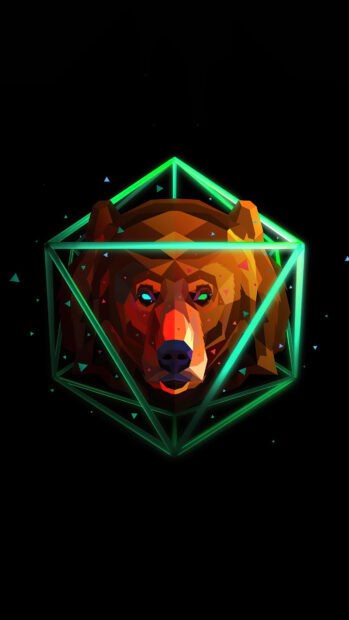 A geometric bear head glows inside a green neon polyhedron with scattered triangles in this Justin Maller Wallpapers, 4K Mobile Wallpaper