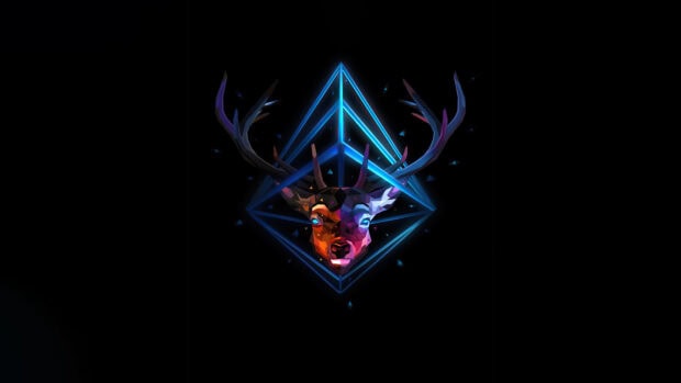 A digital art piece of a geometric deer head surrounded by neon facets and glowing lines, 4K Desktop Wallpaper