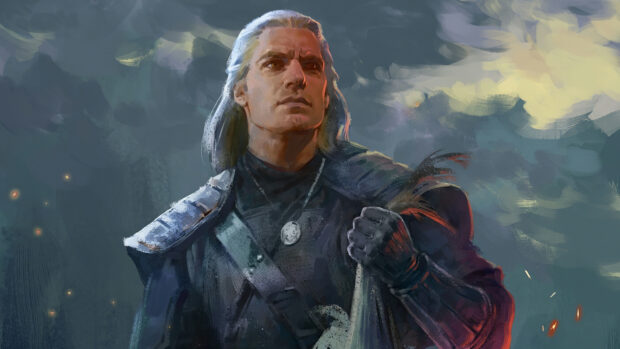 Geralt of Rivia stands determined in dark armor under a cloudy sky from The Witcher Tv Series Wallpapers, 4K Desktop Wallpaper