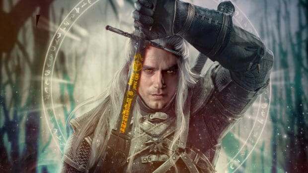 Geralt of Rivia holding a sword with magical symbols in The Witcher Tv Series, HD Desktop Wallpaper