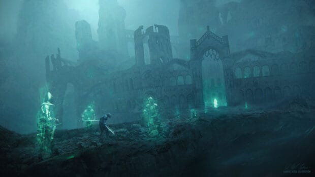 Ghostly knights stand silently near a ruined castle in a misty ghost town, 2K Desktop Wallpaper