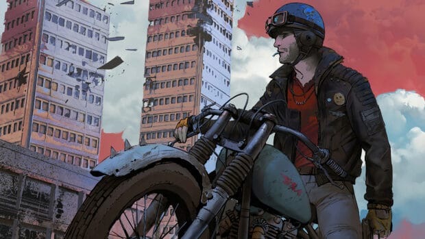A motorcyclist in a leather jacket rides through a ghost town with crumbling buildings, 2K Desktop Wallpaper