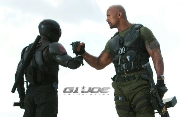 Two armed characters from Gi Joe movie shaking hands in a scene, HD Desktop Wallpaper