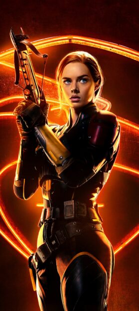 A Gi Joe Movie character holds a crossbow with an intense look in front of a glowing emblem, 2K Phone Wallpaper