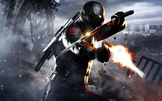 A Gi Joe character fires a pistol while holding a sword in a smoky battlefield, HD Desktop Wallpaper