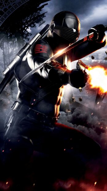 A Gi Joe character fires a gun while holding a sword in an intense battle, 2K Mobile Wallpaper