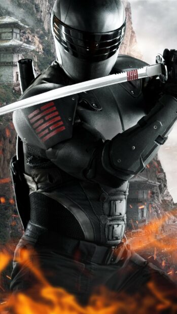 A Gi Joe movie character holds a sword in a battle stance near ancient buildings, 2K Phone Wallpaper