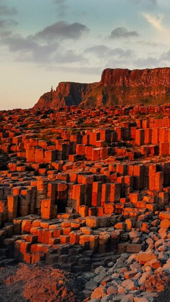 The Giants Causeway features unique hexagonal stone columns under a cloudy sky at sunset, HD Phone Wallpaper