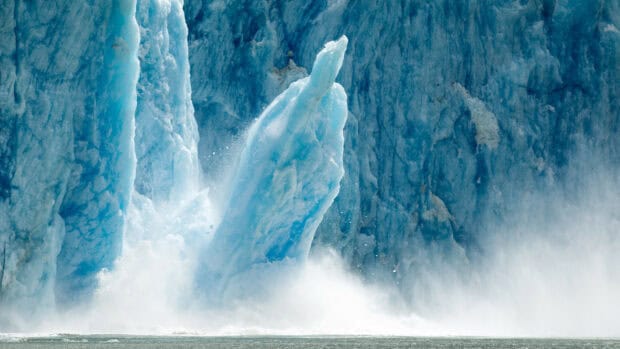 Glacier calving into the ocean with mist in glacier wallpapers 4K and HD, HD Desktop Wallpaper