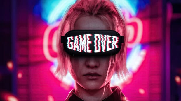 A futuristic portrait features the words game over displayed on a digital visor, 4K Desktop Wallpaper