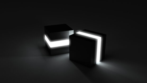 Two glowing black cubes have bright white glowing strips against a dark background, HD Desktop Wallpaper
