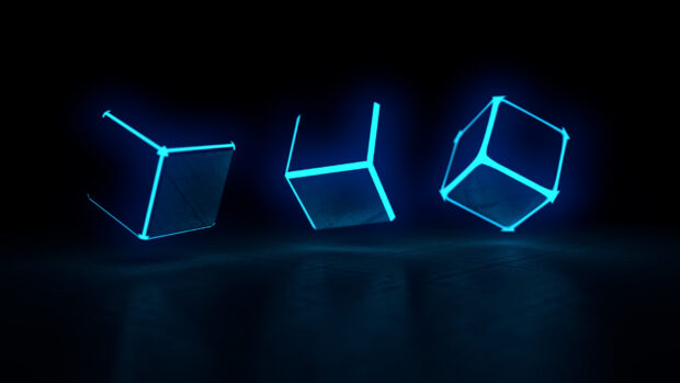 Three glowing blue cubes float in dark space with sharp edges, HD Desktop Wallpaper