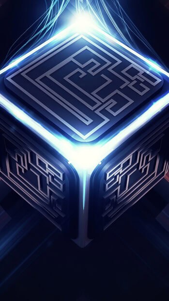 A glowing futuristic cube with intricate patterns and neon lights, 4K Phone Wallpaper