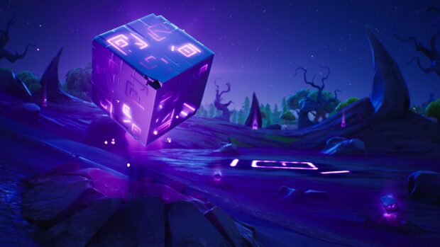 A glowing futuristic cube with purple neon lights floats above a rocky terrain under a starry night, 4K Desktop Wallpaper