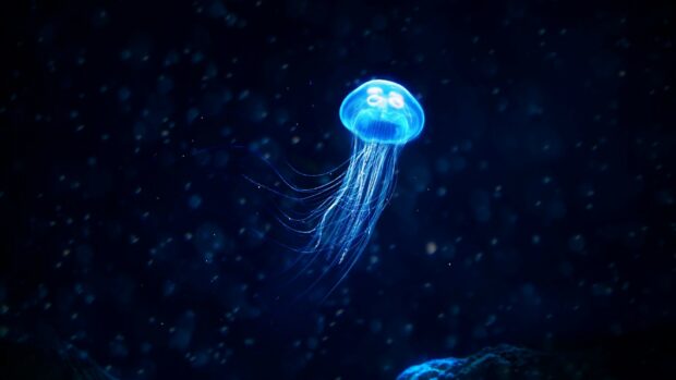 A glowing jellyfish is floating gracefully in the dark ocean water, HD Desktop Wallpaper
