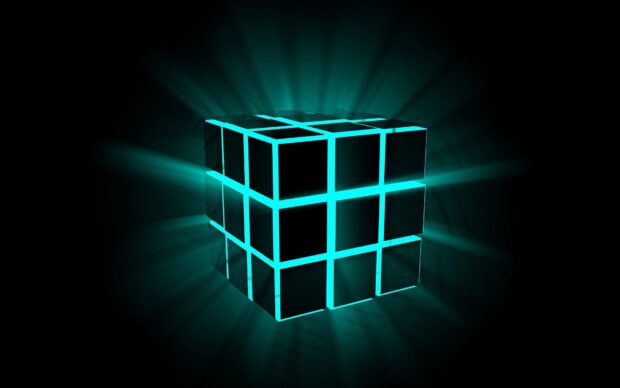 A glowing cube with neon blue edges shines brightly in the dark, HD Desktop Wallpaper