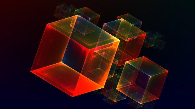 Glowing transparent cubes are floating in a dark space with colorful edges, 4K Desktop Wallpaper