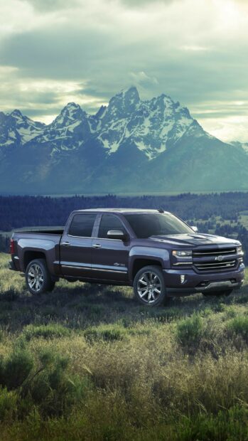 A Gmc Sierra truck is parked in a grassy field with snow capped mountains in the background, 2K Phone Wallpaper