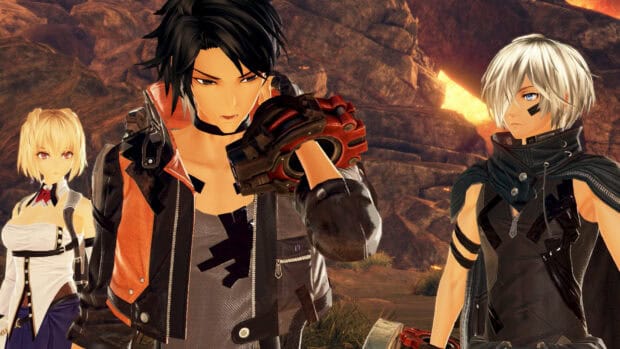 Three God Eater game characters stand in a rocky landscape with intense expressions, HD Desktop Wallpaper