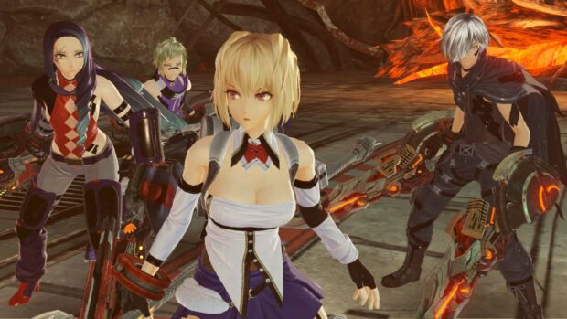The God Eater game characters are ready for a fight in a volcanic battlefield, HD Desktop Wallpaper