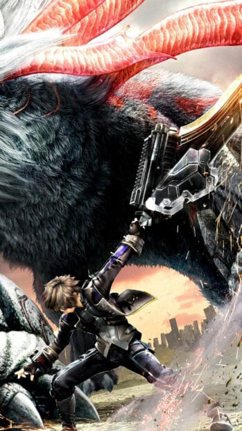 A character from God Eater game is fighting a large creature with a powerful weapon, HD Mobile Wallpaper