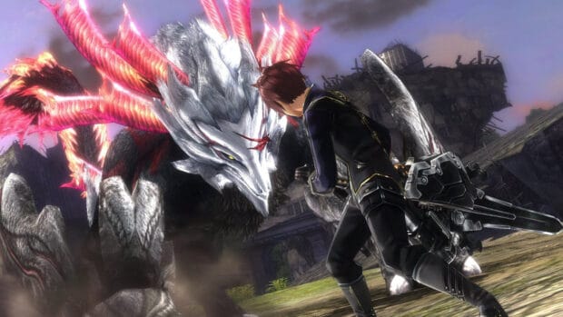 A fierce confrontation between a character and a monstrous creature in God Eater game, HD Desktop Wallpaper