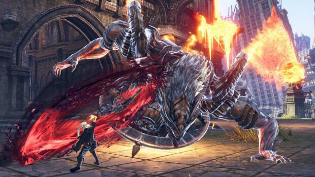 A fierce battle with a giant monster in God Eater game unfolds in a ruined city setting, HD Desktop Wallpaper