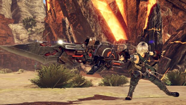 A God Eater character wields a large mechanical weapon in a fiery rocky environment, 4K Desktop Wallpaper