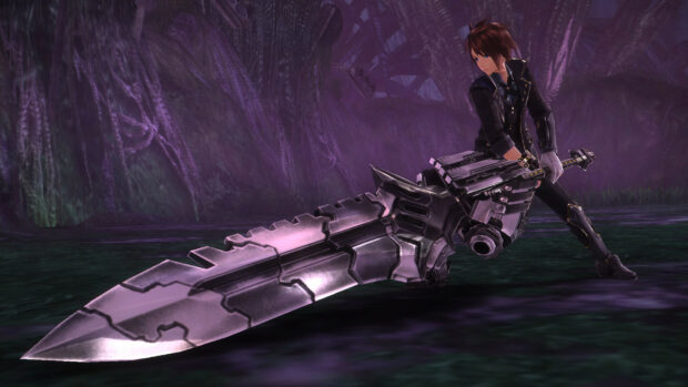 A God Eater game character holds a massive mechanical sword in a dark forest setting, HD Desktop Wallpaper