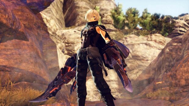 A character stands armed with dual blades in a rocky environment from God Eater game, HD Desktop Wallpaper