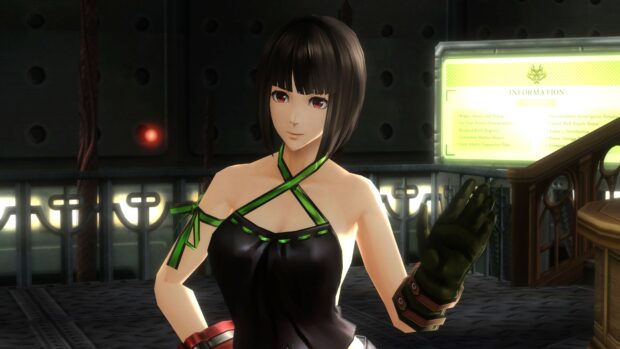 The image shows a female character from God Eater game smiling inside a futuristic setting, 4K Desktop Wallpaper