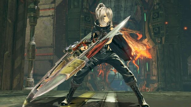 A God Eater game character stands ready for battle holding a large sword in an industrial setting, HD Desktop Wallpaper