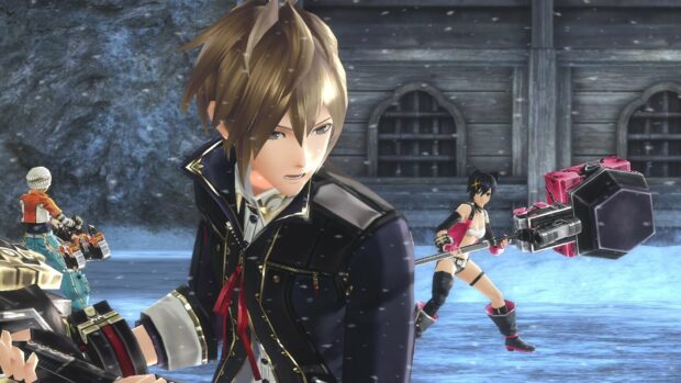 The God Eater game characters prepare for combat in a snowy village, HD Desktop Wallpaper