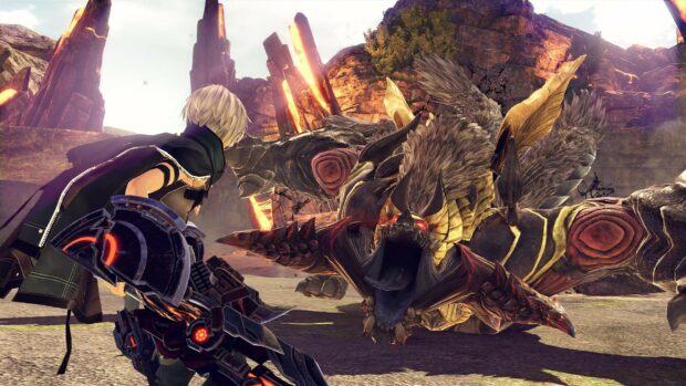 A fierce fight between a warrior and a monster in God Eater game, 2K Desktop Wallpaper