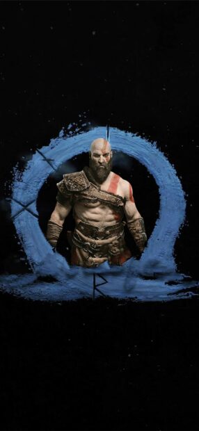 A muscular warrior stands with blue Nordic symbols behind him in God Of War Ragnarok, HD Phone Wallpaper