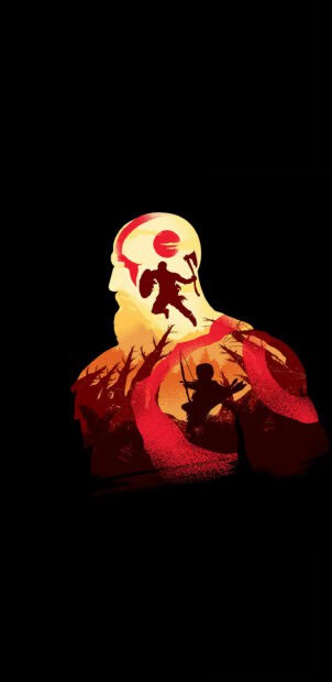 A vibrant God Of War Ragnarok scene with characters and landscape inside a giant silhouette, 2K Phone Wallpaper